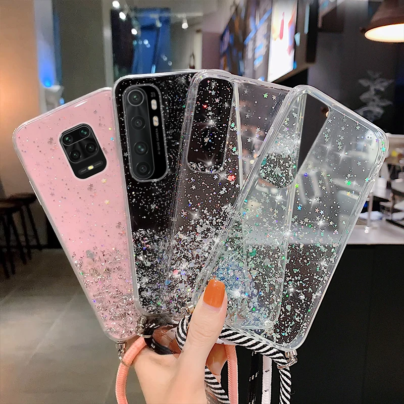 With Neck Strap Clear Glitter Case For Xiaomi 11T Mi 11 10T Lite Poco X3 NFC M3 M4 F3 Redmi Note 10 5G 9 9s 8 Pro 9T 11s Cover