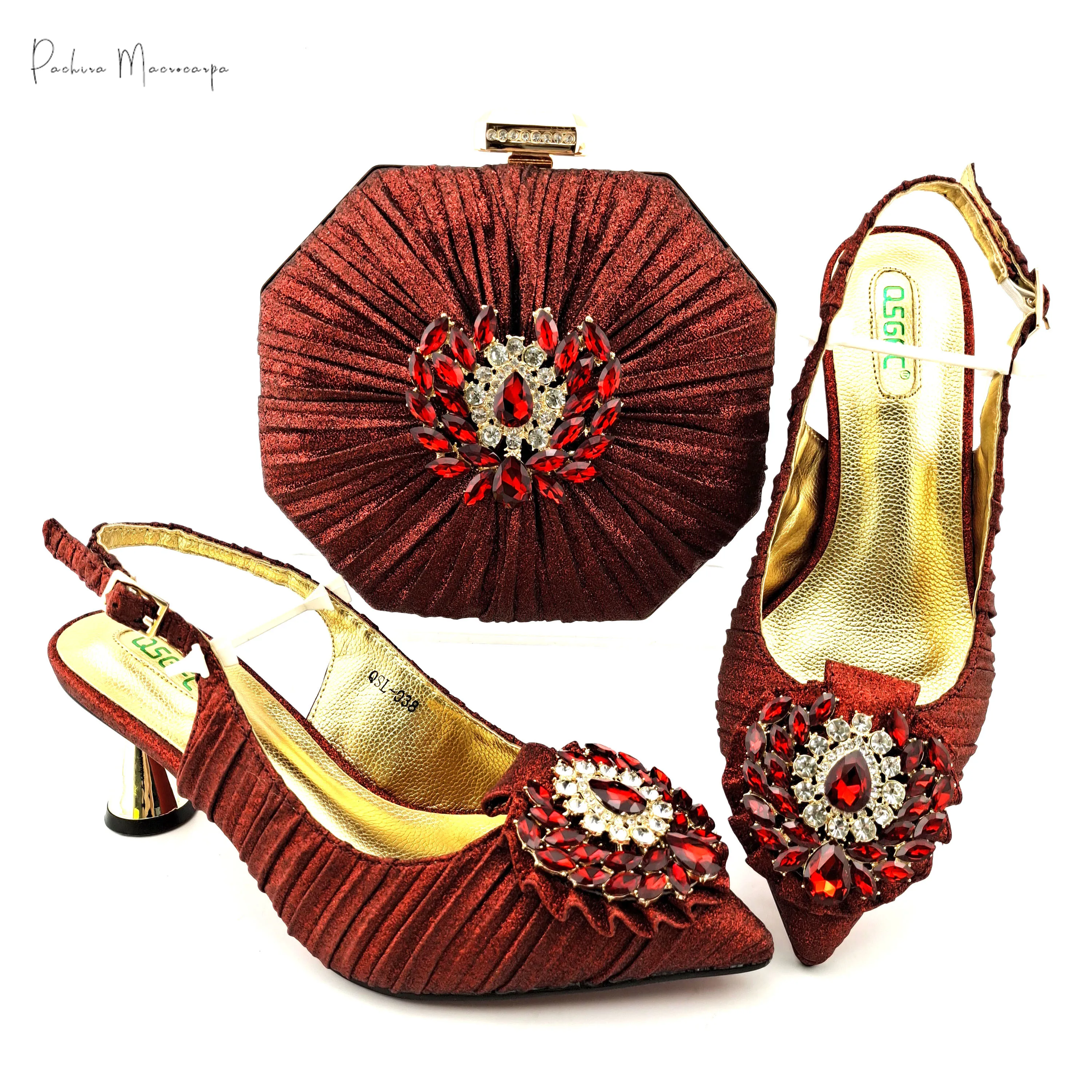 

African Hot Selling Italian Design Noble Party Wedding Women Shoes and Bag Set With Colorful Crystal Decoration in Wine Color
