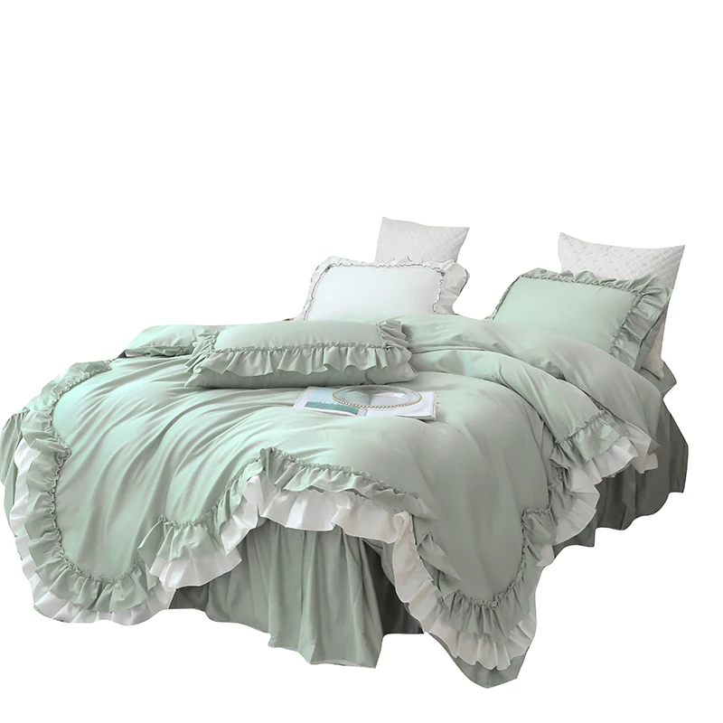 

White Korean Home Textile Bedding Set 4pcs Wedding Bed Set Solid Double Layer Ruffle Princess Duvet Cover Bed Skirt Cotton