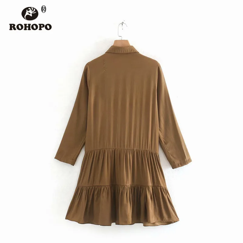 ROHOPO лацкан воротник каскадные гофрированные хлопок цвета хаки платье Топы