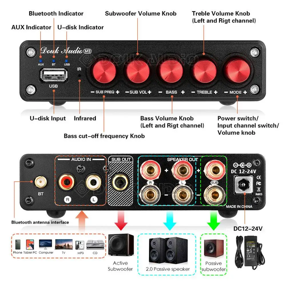 Усилитель звука Douk Hi Fi Bluetooth 5 0 стерео 2 1 каналов аудиоусилитель для сабвуфера USB