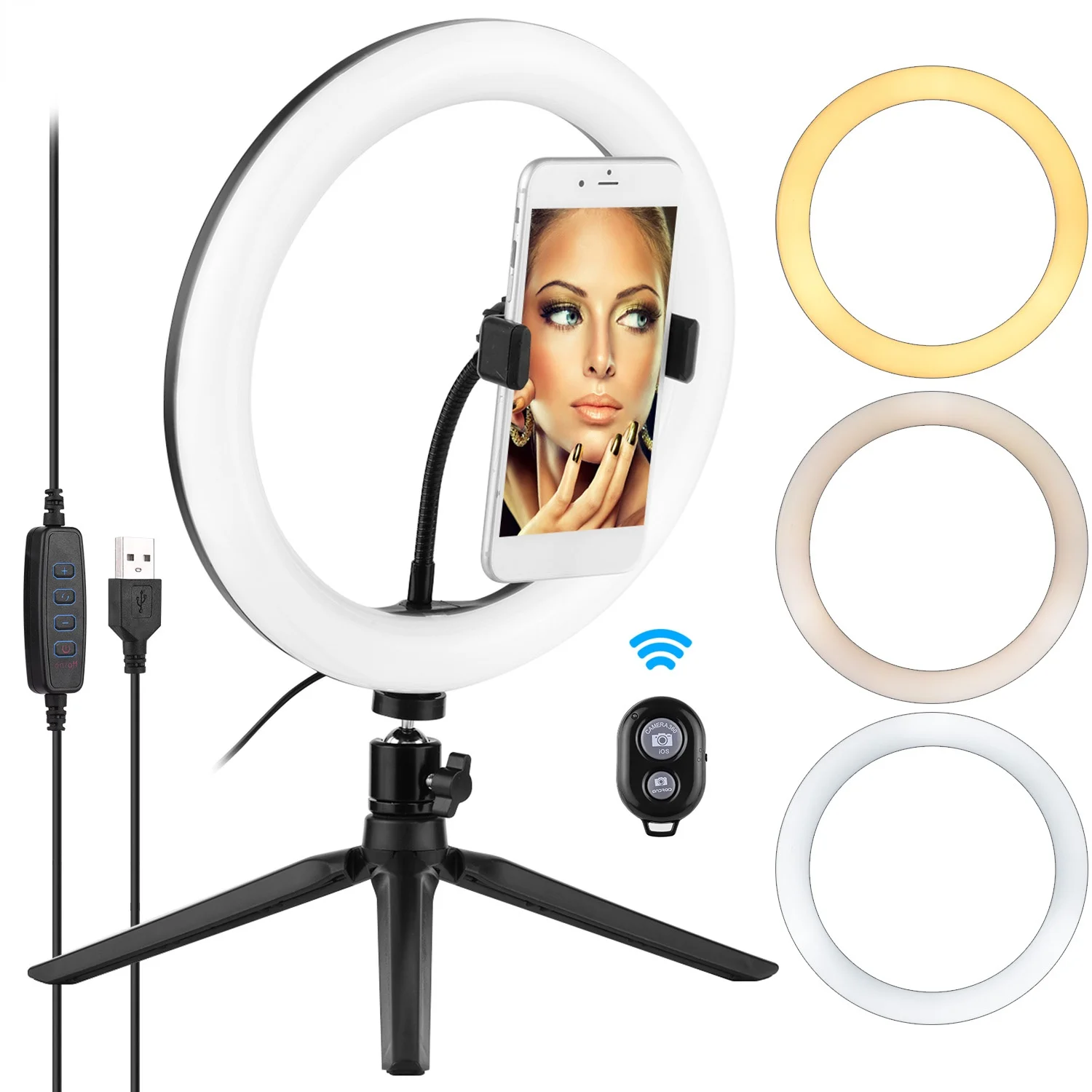 

Ringlight Video Streaming Kit with 10inch LED Ring Light Ball Head Mini Tripod Remote Shutter with Phone Holder Lamp