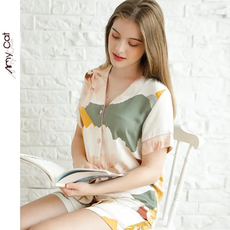 CEARPION Femme Пижамный костюм с цветочным принтом с длинным рукавом 2 шт. рубашка+ брюки Ночное белье повседневные женские пижамы комплект одежда для сна хлопок - Цвет: Short Sleeve-Shorts2