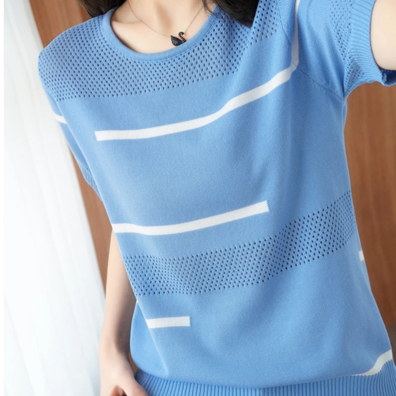 

Spring Ice Silk Knit T Shirt Short Sleeve Women Summer Loose Hollow Stripe T Shirt Chic Basic T-Shirt Women Tee Shirt Female Top
