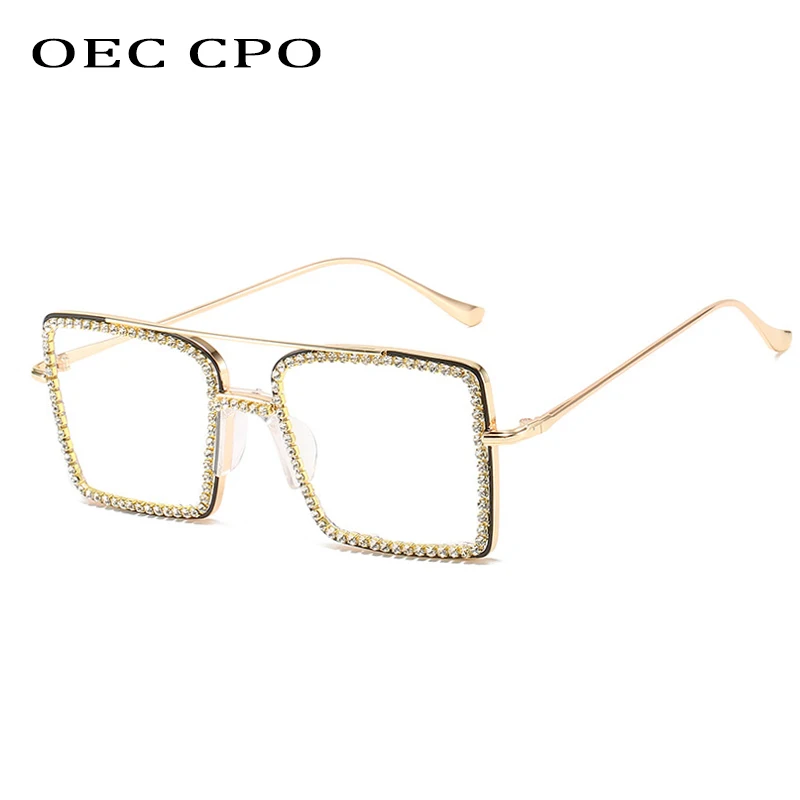 

OEC CPO Metal Square Diamond Glasses Women Vintage Punk Crystal Clear Glasses Frame Fashion Anti-blue light Eyewear O825