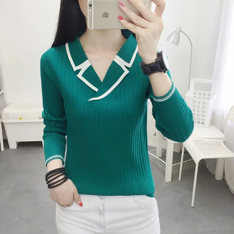 

2023 Spring Autumn Sweater Knitted Pullover Women V-neck Patchwork Sweater Female Loose Long Sleeve Sweater Jumper Top X755