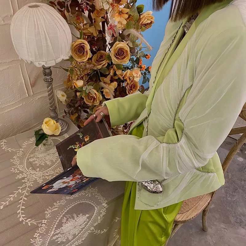 

VGH Green Trouser Suits Female Notched Long Sleeve Tunic Blazer High Waist Straight Wide Leg Pants Casual Loose Women's Suit New