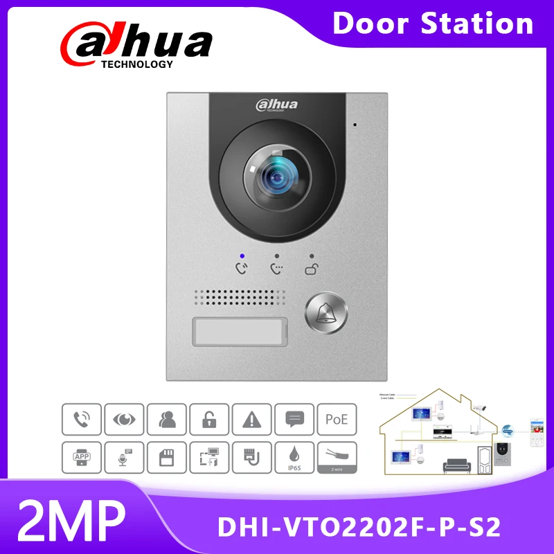 

Видеодомофон Dahua, VTO2202F-P-S2 Audio PoE IK07 и IP65 с 2-мегапиксельной HD цветной камерой «рыбий глаз» на 160 °, IP-уличная станция