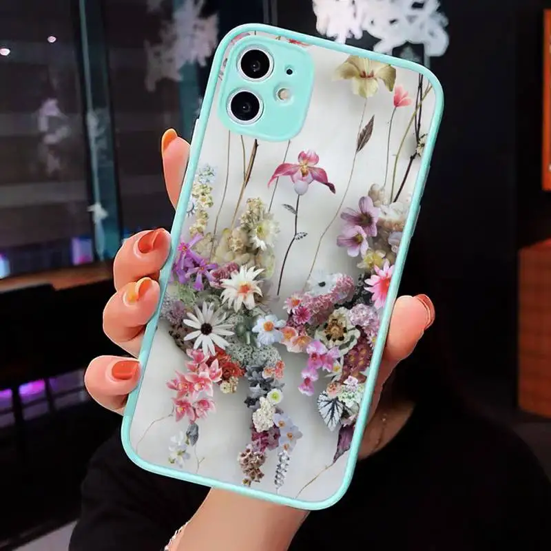 

Colorful Real Dry Flower Phone Case For iPhone 12 11 Mini Pro XR XS Max 7 8 Plus X Matte transparent blue Back Cover
