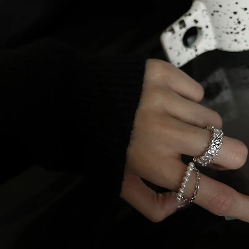 

1 PC Cool Long Chain Simulated Pearl Ladies Opening Ring Micro Paved AAA CZ Rhinestone Crystal for Women Party Girl Jewelry