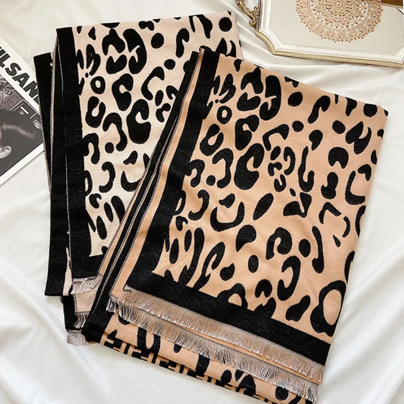 Manta de marca de lujo para mujer, bufanda de doble cara, capa de leopardo, chal largo de empalme a cuadros, chal de Cachemira de anacardo, c&aacute;lido para invierno-5