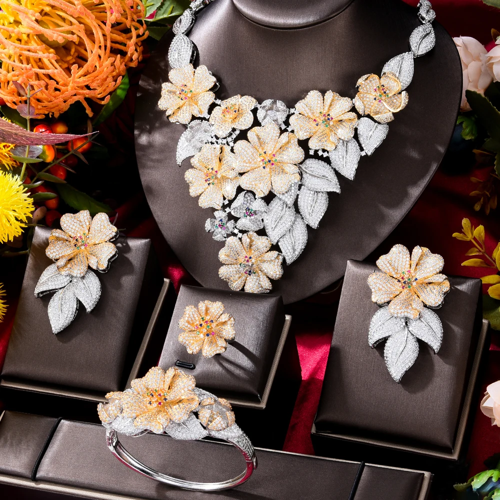 

GODKI Luxury Flower Leaf 4PC Nigerian Jewelry Sets For Women Wedding Cubic Zircon Crystal CZ Indian African Bridal Jewelry Sets