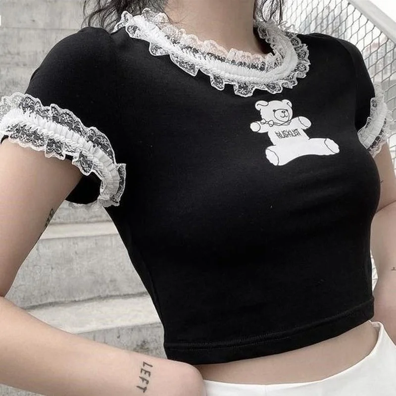 

T Shirts Fashion Bear Print Graphic T Shirts Summer E Girl Sexy Lace Crop Top MINGLIUSILI Gothic Women Clothing