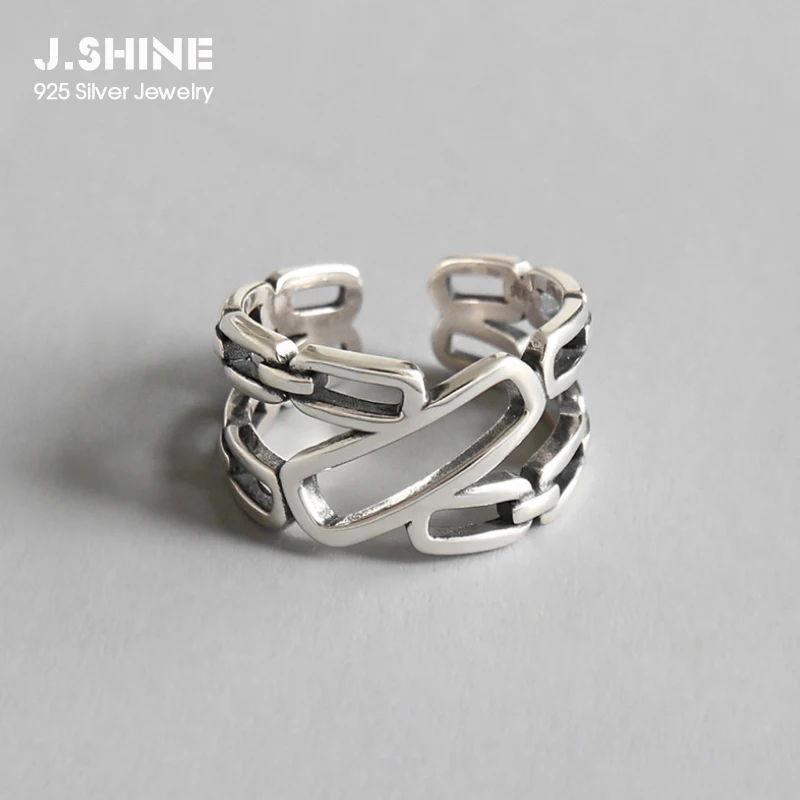 

JShine, Ретро стиль, открытые кольца из серебра 925 пробы с неровной геометрической цепочкой для женщин, винтажные ювелирные украшения из чистог...
