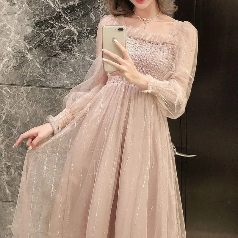 

QWEEK Long Sleeve Midi Dress Women Elgant Fairy Mesh Dress Women Beach Ruched Casual Squin Shiny Elegant Prom Party Dress 2021