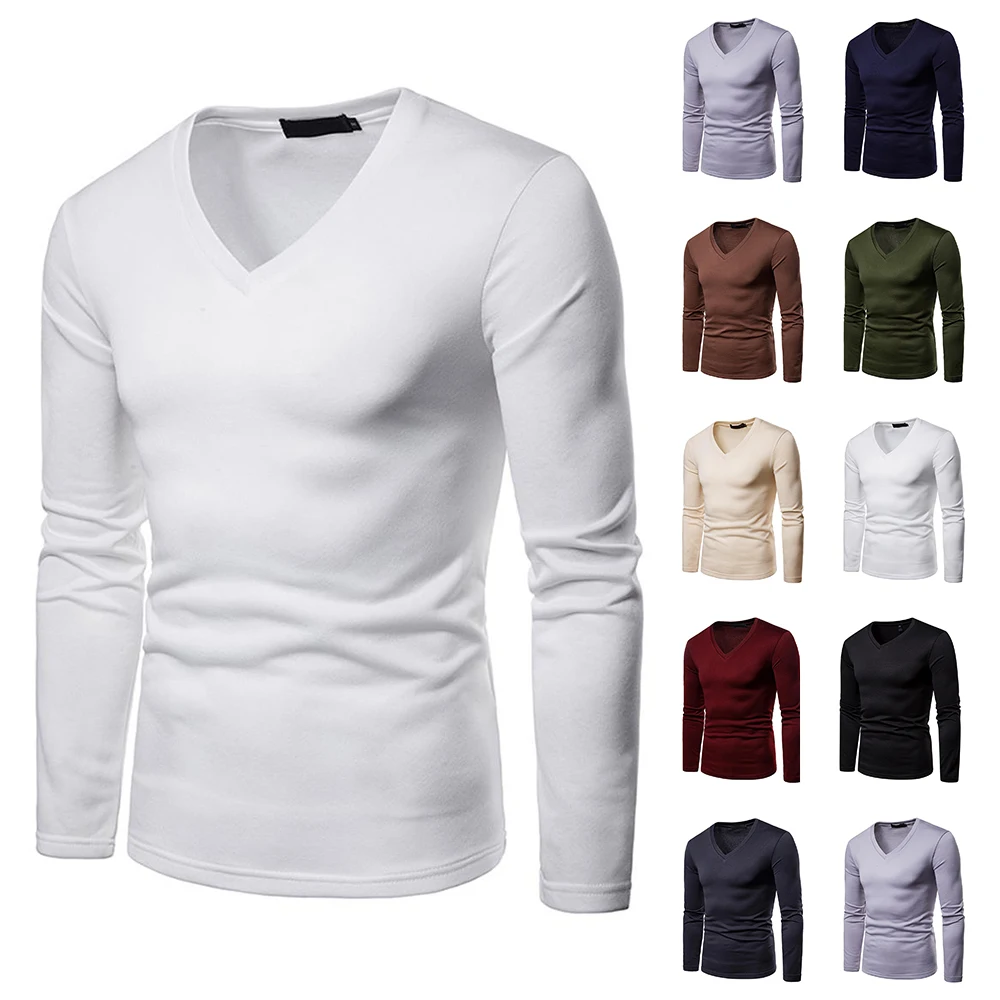 

Autumn Winter Basic Tops Oversize V-Neck Pullovers Mens Long Sleeve T-shirts Slim Pullover Casual Sport T-shirt
