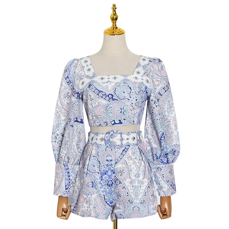 

Summer design fashion square collar navel lantern long sleeve short jacket high waist shorts with belt