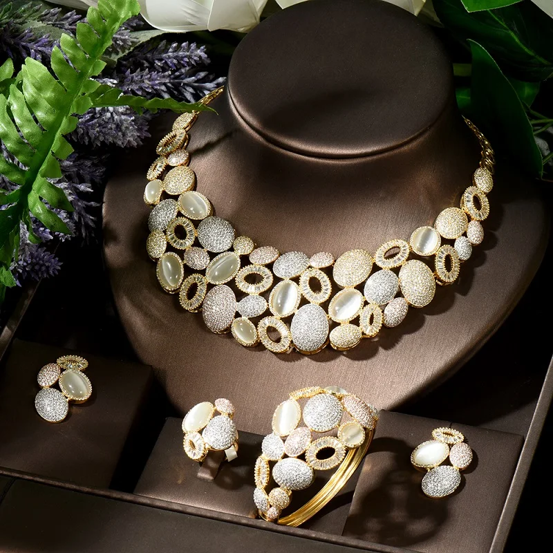 

HIBRIDE Luxury Dubai Bridal Jewelry Sets 2021 Necklace Earring Bangle Ring Set brincos para as mulheres N-1011