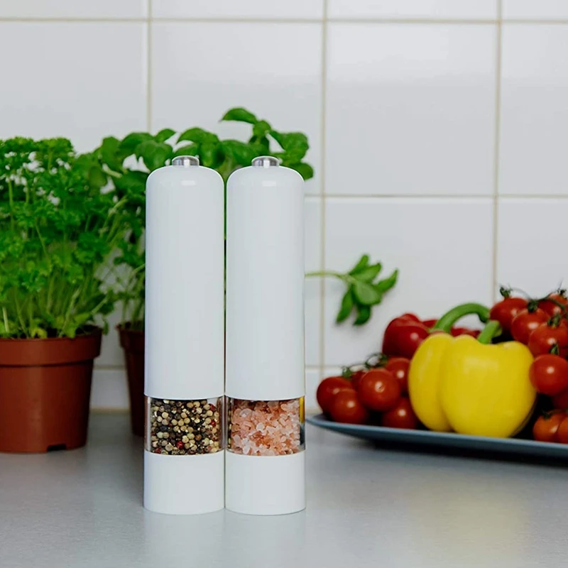 

Electric Salt and Pepper Mill Grinder Set,Ceramic Grinding Core,For Salt,Pepper,Dried Herbs,Spices,White,2 Pcs