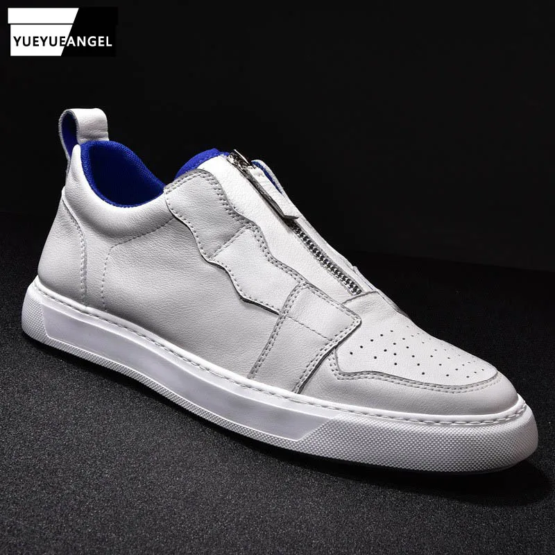 

Summer New Casual Genuine Leather Shoe Men Zipper Lace Up White Walk Shoes Flats Sneakers High Quality Korean Footwear Male