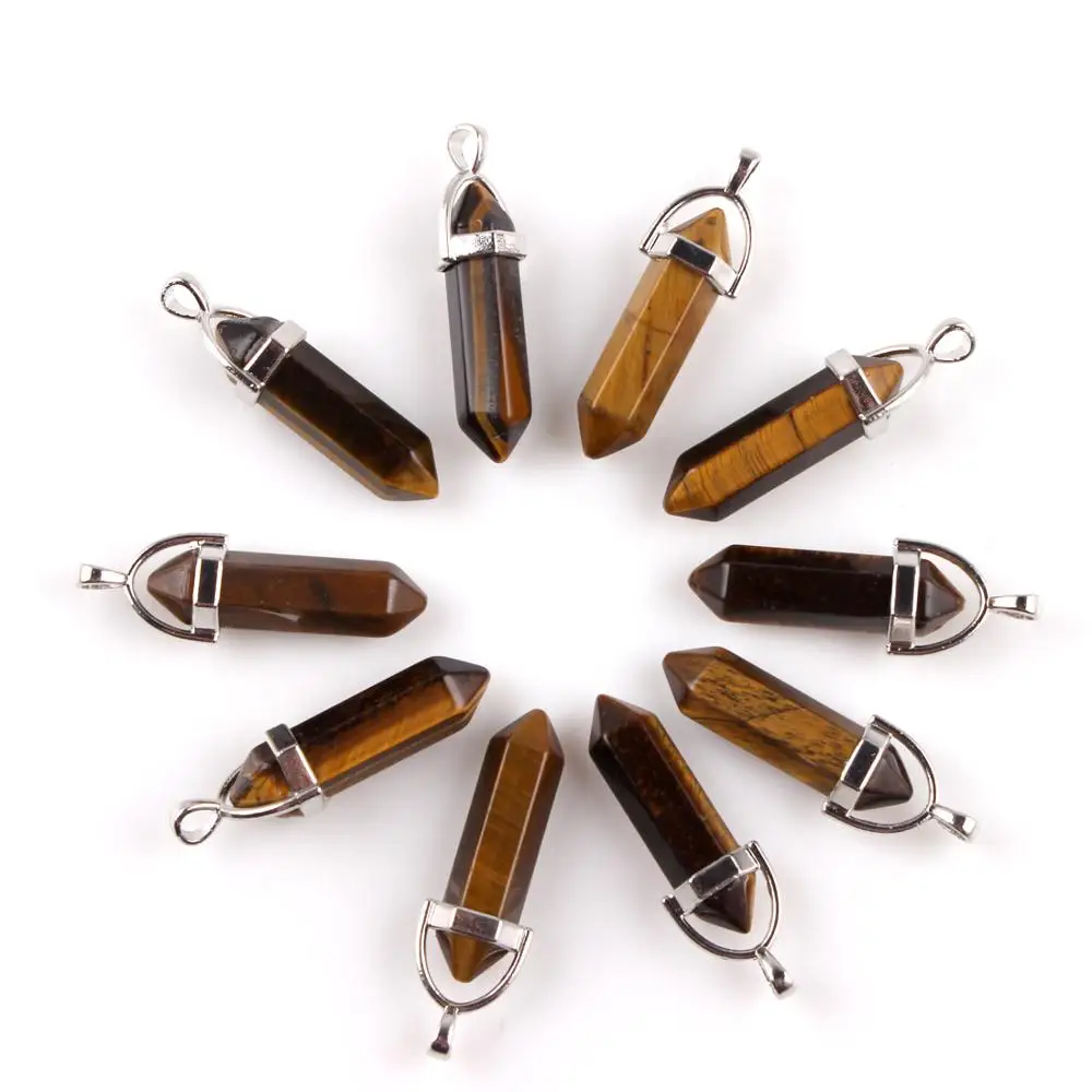 Tiger Eye 10 шт./лот Черный обсидиан Природные Смешанные Камни Камень Точка Шестигранный Кристалл Ювелирные Аксессуары Заявление Женщины Ожерелье - Окраска металла: Tiger Eye