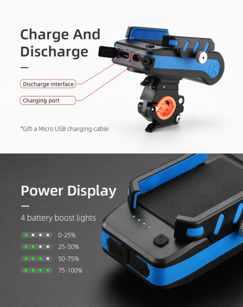 

4 In 1 Multifunctional Mobile Phone Bracket Removable Bicycle 2400/4000mAh Portable Battery Horn Headlight Riding Flashlight
