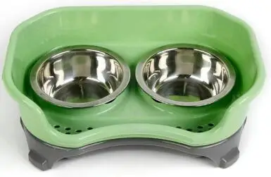 Green Двойная миска для кошек миска для собак с поднятым подставкой из нержавеющей стали Нескользящая миска для кошек поилка для щенков - Цвет: Green