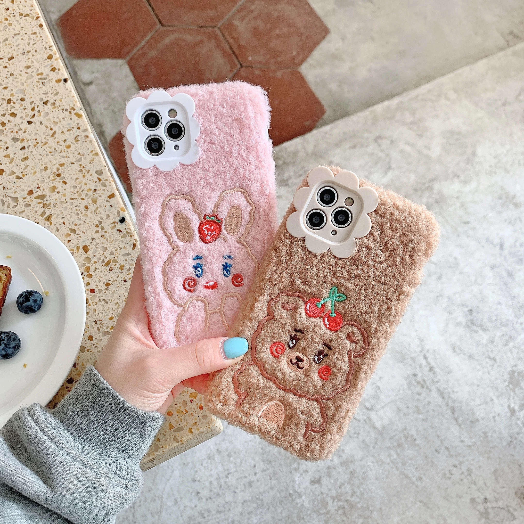 

Plush embroidery-cherry bear rabbit is suitable for iphone11ProMax mobile phone case 7/8plus x xsmax xr protective cover