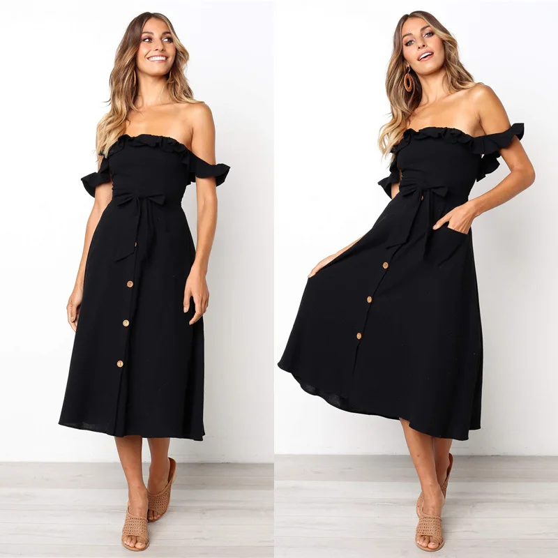 

Elegant Backless Sexy Women Summer Dress 2020 Ruffles Casual Off Shoulder Dress Strapless Sundress Female Vintage Midi Dresses