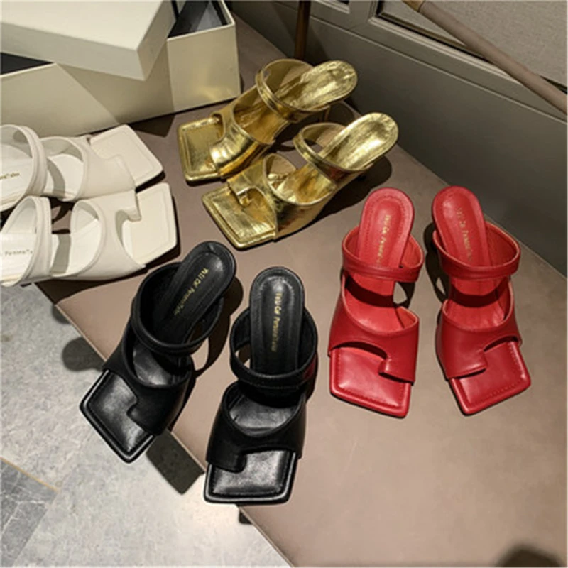 

2021 Brand Square Toe Slippers Women Thin High Heels 9cm Sandals Elegant Mules Shoes Women Outdoor Slides For Party Dress Sandal