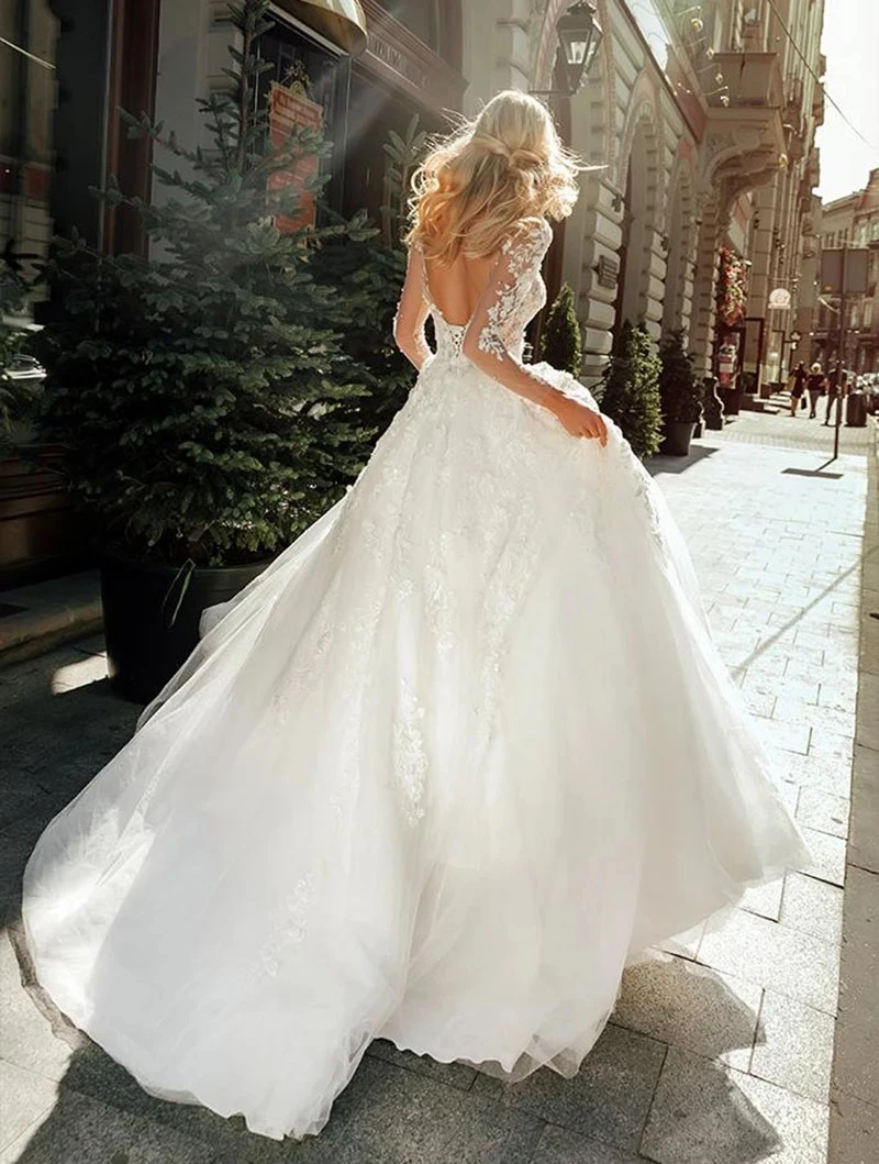 

Modern Long Sleeve Wedding Dress A Line 3D Floral Lace Bridal Dress Princess Wedding Gowns Beach Vestido De Noiva