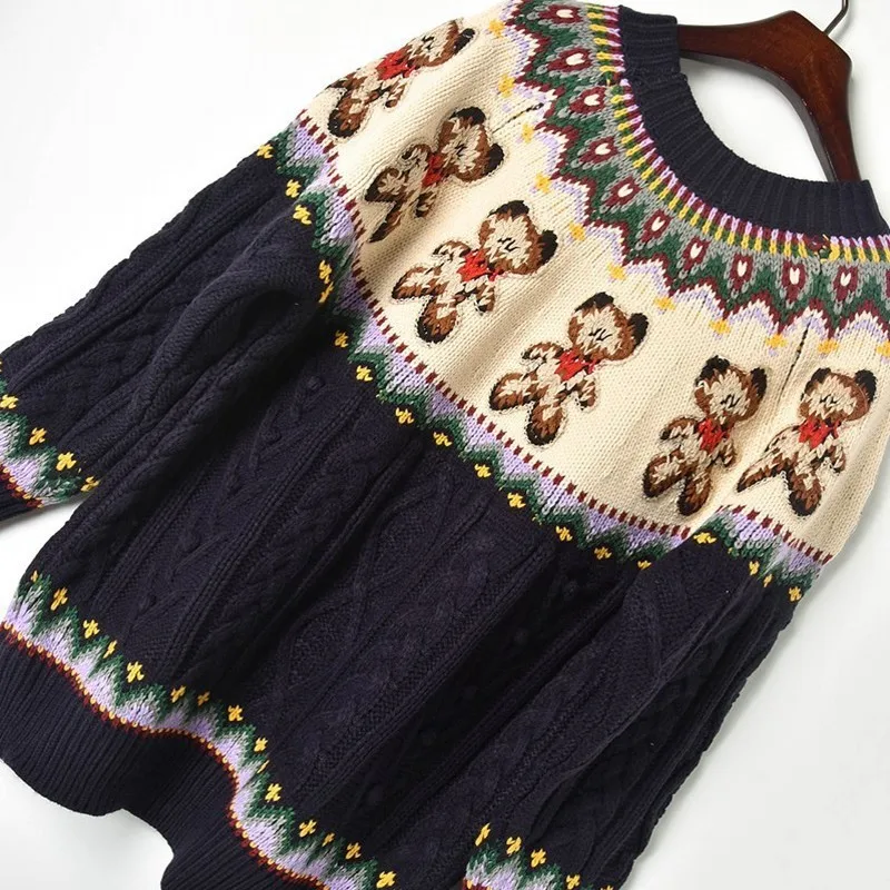 

Women Kawaii Cartoon Jacquard Mid Long Sweater Pullover Autumn Loose Fit Cute Long Sleeve Knitted Tops O Neck Jumpers Sweaters