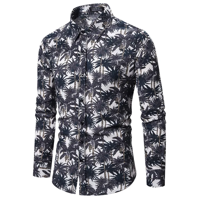 2019 Мужская рубашка с принтом Облегающая длинными рукавами модная повседневная