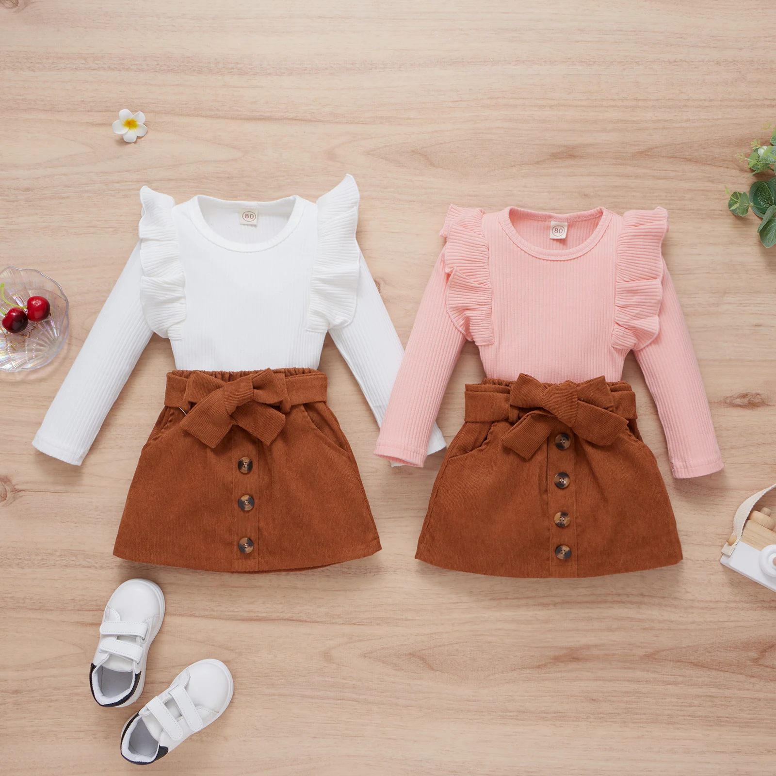 

1-4 Years Baby Kids Ribbed Tops Set, Fungus Edge Long Sleeve Solid Color Tops Bowknot Elastic Waist Buttoned Thigh Long Skirt