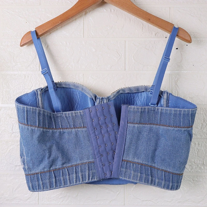 

Women Sexy Spaghetti Strap Bustier Glitter Tassel Rhinestone Washed Denim Camisole Vest Club Party Jean Corset Crop Top