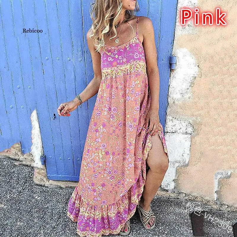 

Summer Sling Sleeveless Dress High Waist Floral Women's Irregular Long Skirt Dress Loose Flower Ankle Length