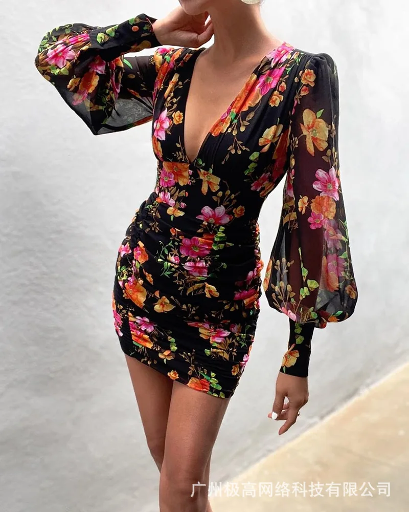 

Women's 2021 new summer retro floral lantern sleeve V-neck waist dress