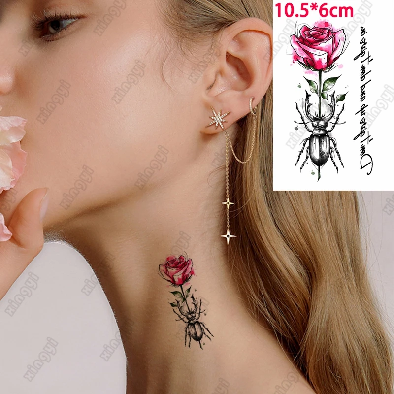 

Waterproof Temporary Tattoo Sticker Red Rose Scorpion Letters Word Girls Arm Wrist Water Transfer Fake Tatto Body Art Women Men