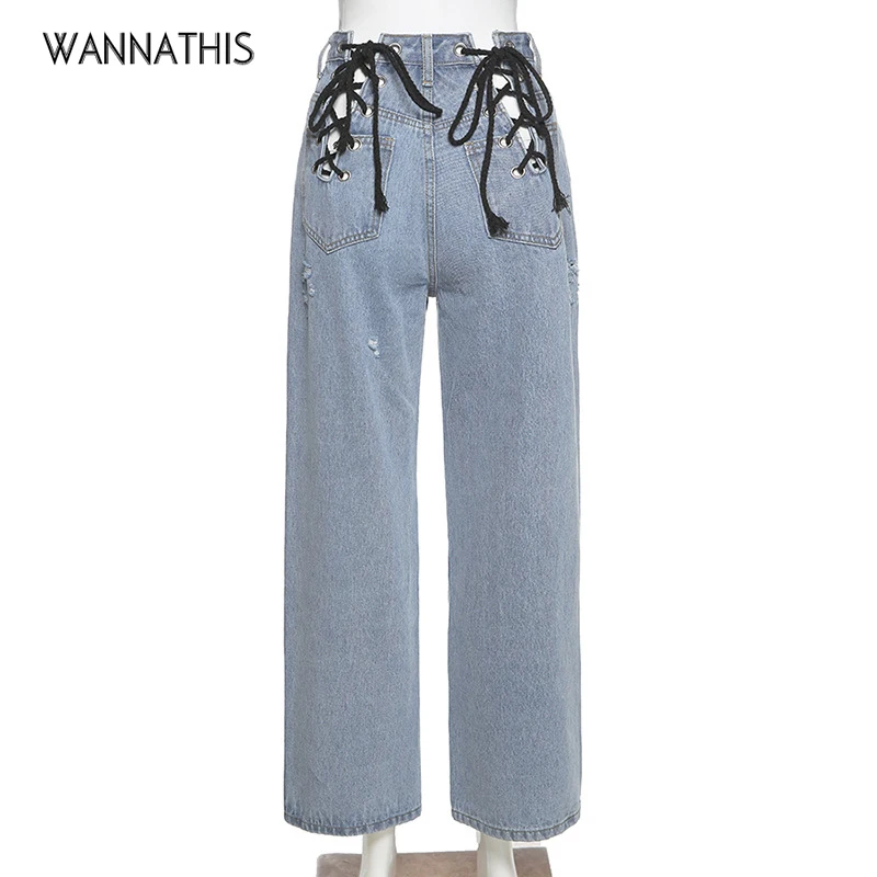 

WannaThis Loose Jeans Hight Waist Street Straight Jeans Women Lace up Hollow Out Hip Bandage Cross Trousers Cowboy Back Pocket