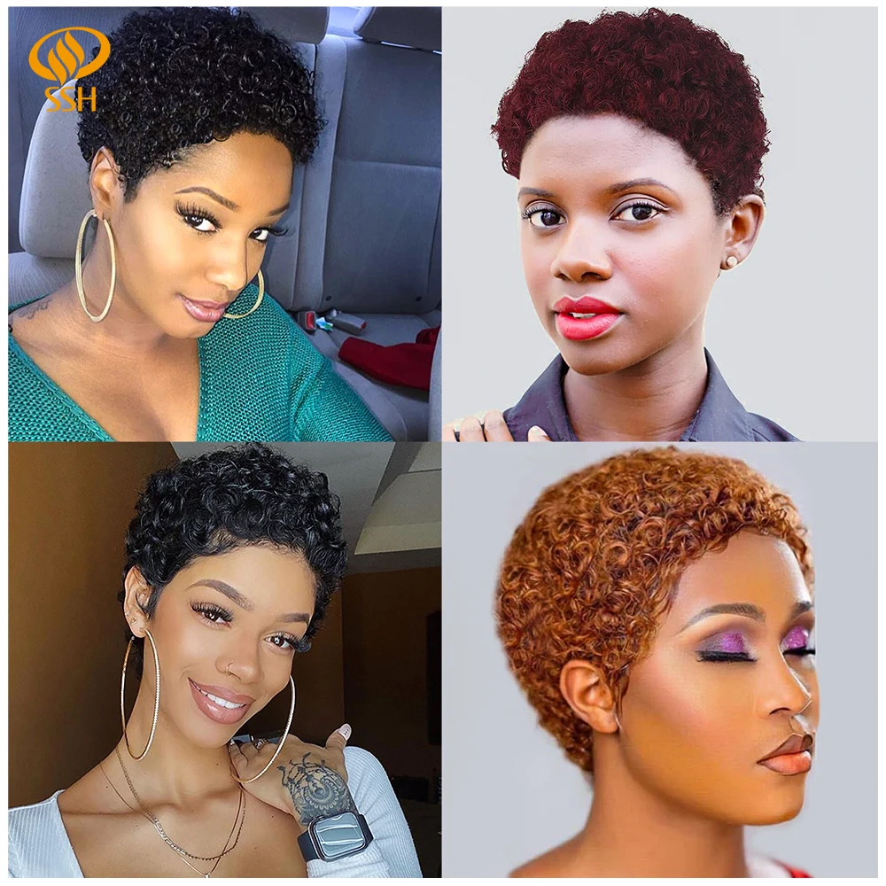 Афро вьющиеся короткие парики 100% человеческие волосы с челкой вырезанные афро