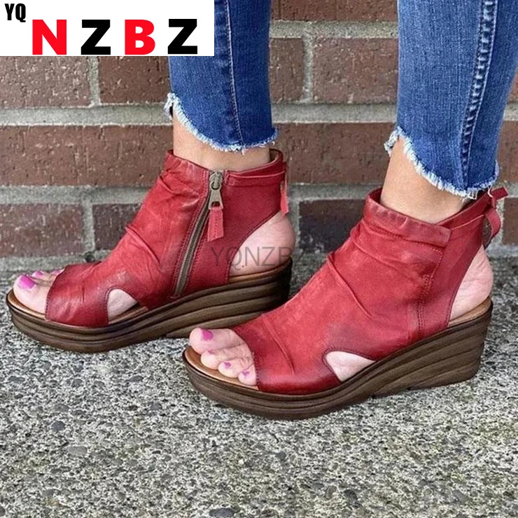 

Women Sandals Shoes 2021 Summer Retro Peep Toe Platform Sandals PU Leather Zipper Thick Bottom women shoes Ladies Sandals