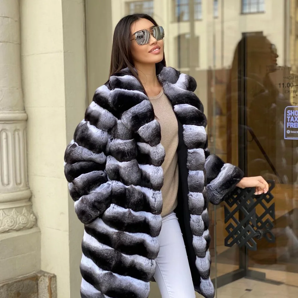 Fashion Long Women Real Fur Coats Winter Fashion Chinchilla Color Rex Rabbit Fur Coat with Turn-down Collar Luxury Fur Overcoats enlarge