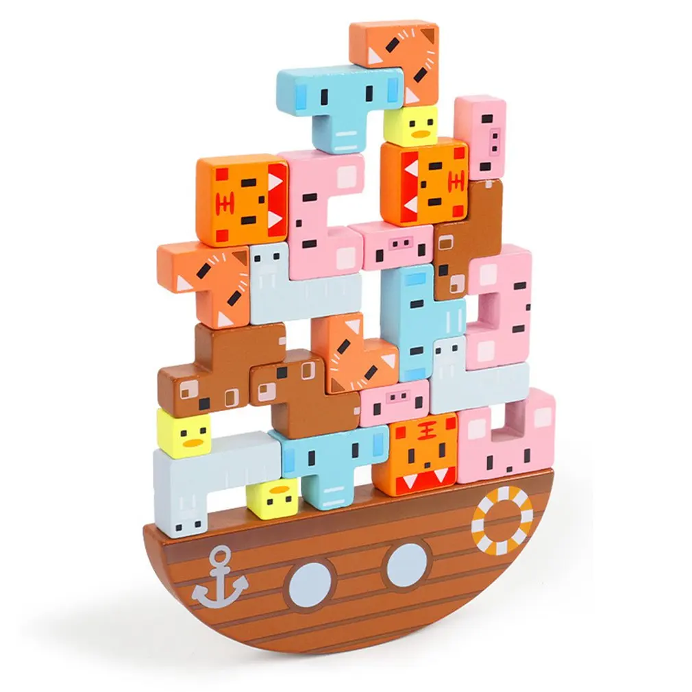 

24Pcs/Set Montessori Wooden Animal Balance Boat Toys Educational Stacking High Building Block Toy Gifts Kids Gift