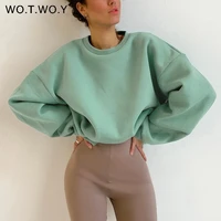wotwoy autumn winter fur liner oversized sweatshirt women casual thickening fleece pullovers female soft warm green tops 2021