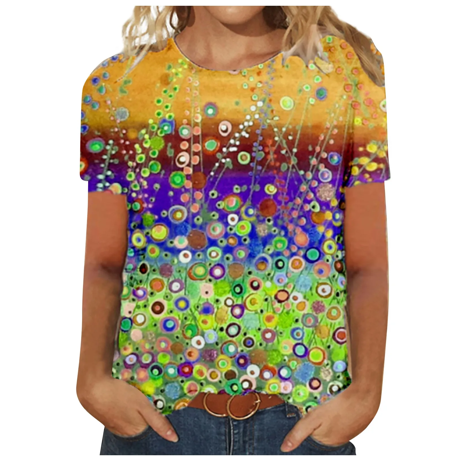 

Plus Size Womens Tops And Blouses Women's Fashion Round Neck Dazzling 3d Printing Short-sleeved Tops Blusas Mujer De Moda 2021