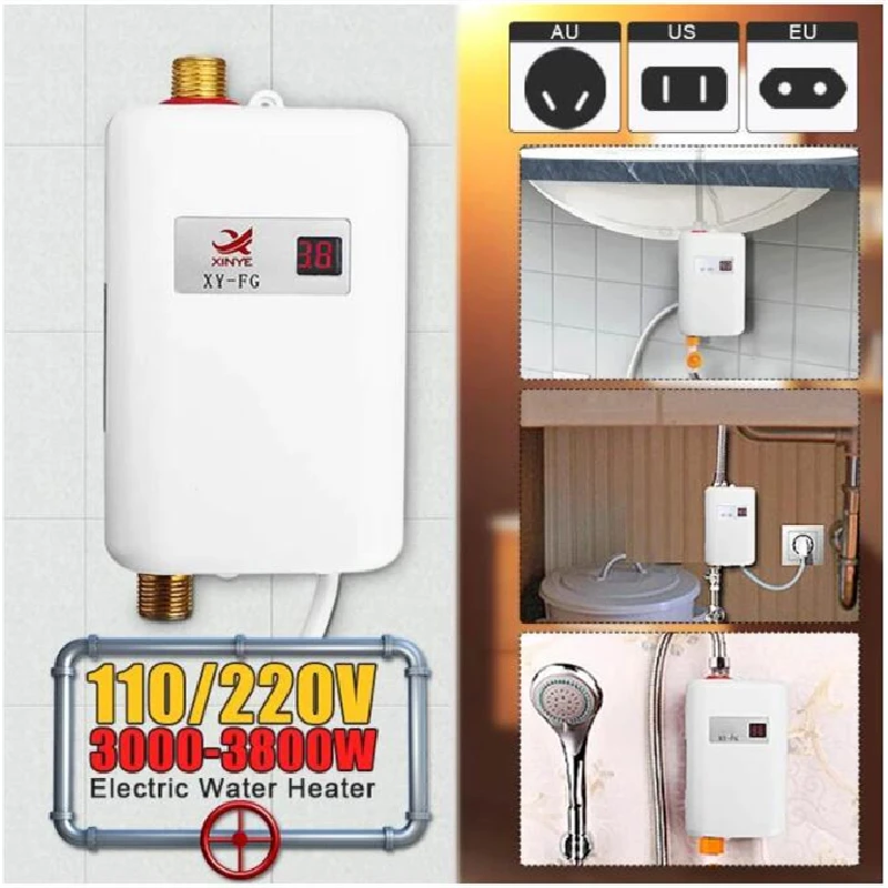 

110/220V 3800W Tankless Electric Water Heater Bathroom Kitchen Instant Water Heater Temperature display Heating Shower Universa