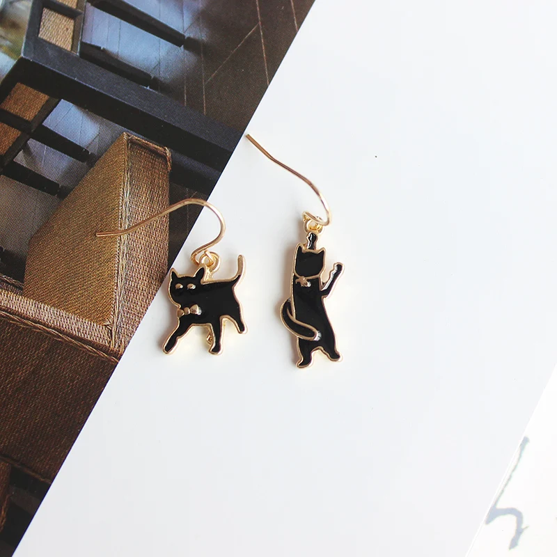 Женские асимметричные серьги капельки с милым черным котом модные животными