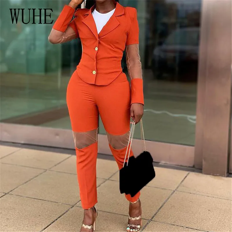 

WUHE Patchwork Mesh 2 Sets Long Sleeve Turn Down Collar Single Breasted Top Slim Pants Casual Elegant Women Office Work Wear