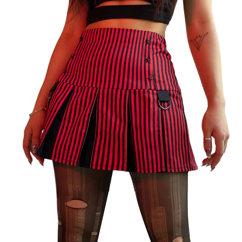 

Summer Women's Sexy Contrast Color Skirt, High Waist Stripe Star Printing Short Dress, Casual Wrinkle Zipper Decoration Clothing