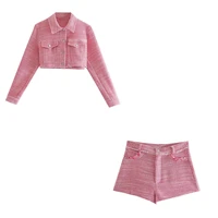 2021 womens suit clothing two piece set women pink vintage casual tweed short blazer coat female fashion suits with shorts sets